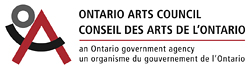 Ontario Arts Council Logo - Red upside down bold "V", curved up black bold line intertwines with the "V", a grey bold outlined circle nuzzles into curve of black line and upside down "V"